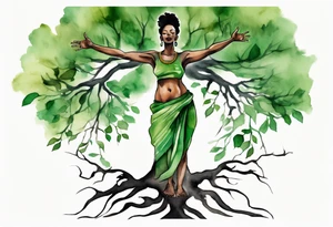 a tree trunk with roots that is a black woman from the waist up, feet made of tree roots, wearing a green tunic, arms stretched upwards towards the noon sun tattoo idea