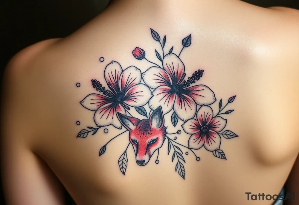 vintage bouquet of wild hibiscus
 and meadow flowers with morning dew and a fox tattoo idea