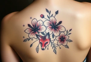 vintage bouquet of wild hibiscus
 and meadow flowers with morning dew and a fox tattoo idea