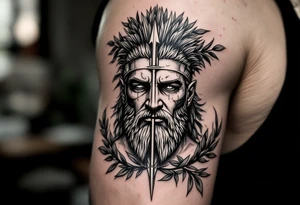 mythological Rome warrior that from his face come down a long arrow and surrounded by a olive tree leaf around tattoo idea