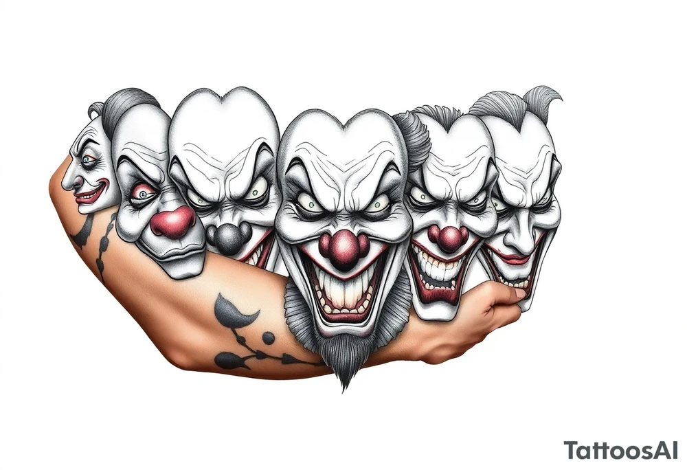 creative collage of each different emotion in different tyoe of clown faces tattoo idea