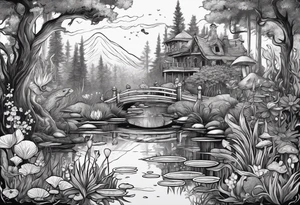 A swamp that has a mermaid in the middle with cypress trees, mushrooms, wild flowers, lily pads, frogs, and bugs all around. tattoo idea