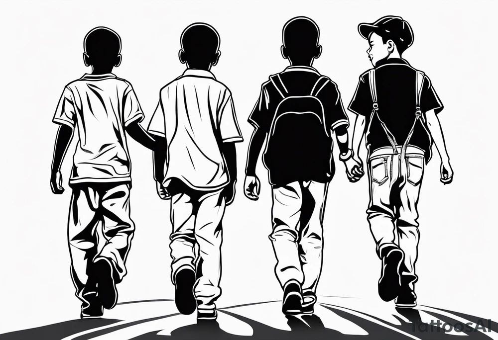 full bodies of 3 black school age boys walking away together and one is looking to the side at the one in the middle tattoo idea
