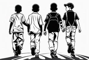 full bodies of 3 black school age boys walking away together and one is looking to the side at the one in the middle tattoo idea