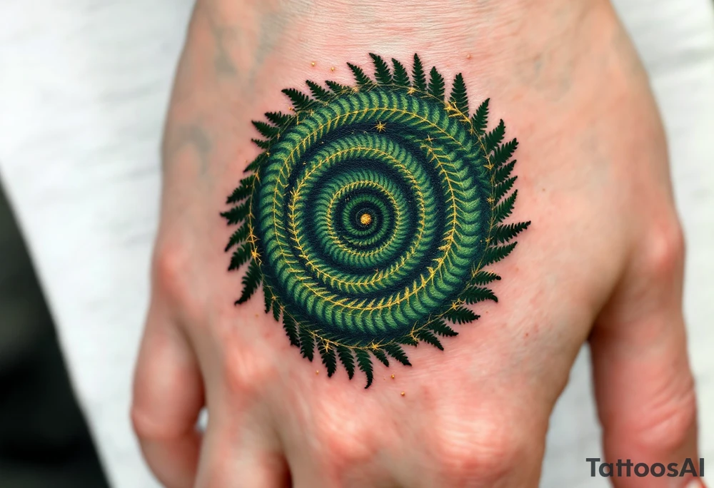A deep green spiral with golden accents, inspired by the natural pattern of ferns and renewal. tattoo idea