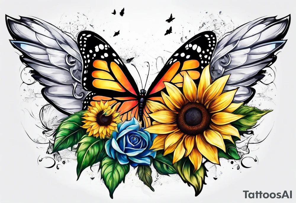 Sleeve with angel wings, sunflower and butterfly tattoo idea