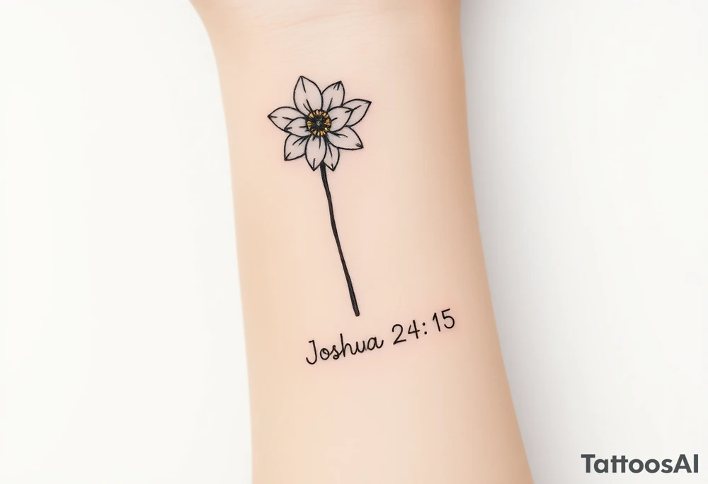 Narcissus flower at the top, drawn in single-needle fine line

Slim stem flowing naturally downward



“Joshua 24:15” sits underneath in tiny, clean lettering

Vertical flow = elegant, feminine, and perfectly suited to the inner wrist

Overall height: ~5–7 cm (subtle, timeless, not heavy) tattoo idea