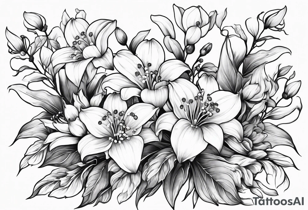 4 flowers. Lily of the valley. Marigold, chrysanthemum, and Lily combined together vertically with small leaves and vines tattoo idea