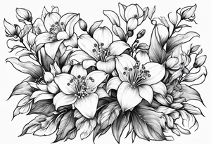 4 flowers. Lily of the valley. Marigold, chrysanthemum, and Lily combined together vertically with small leaves and vines tattoo idea