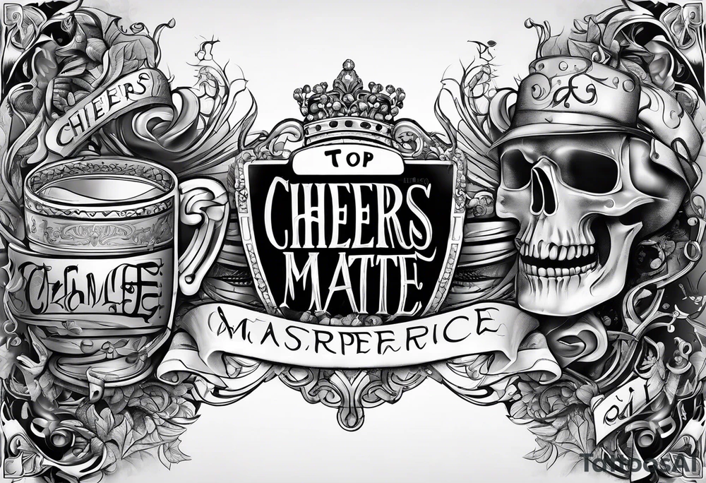 Cheers Mate text, armband +Cancer Ribbon +artistic tattoo idea
