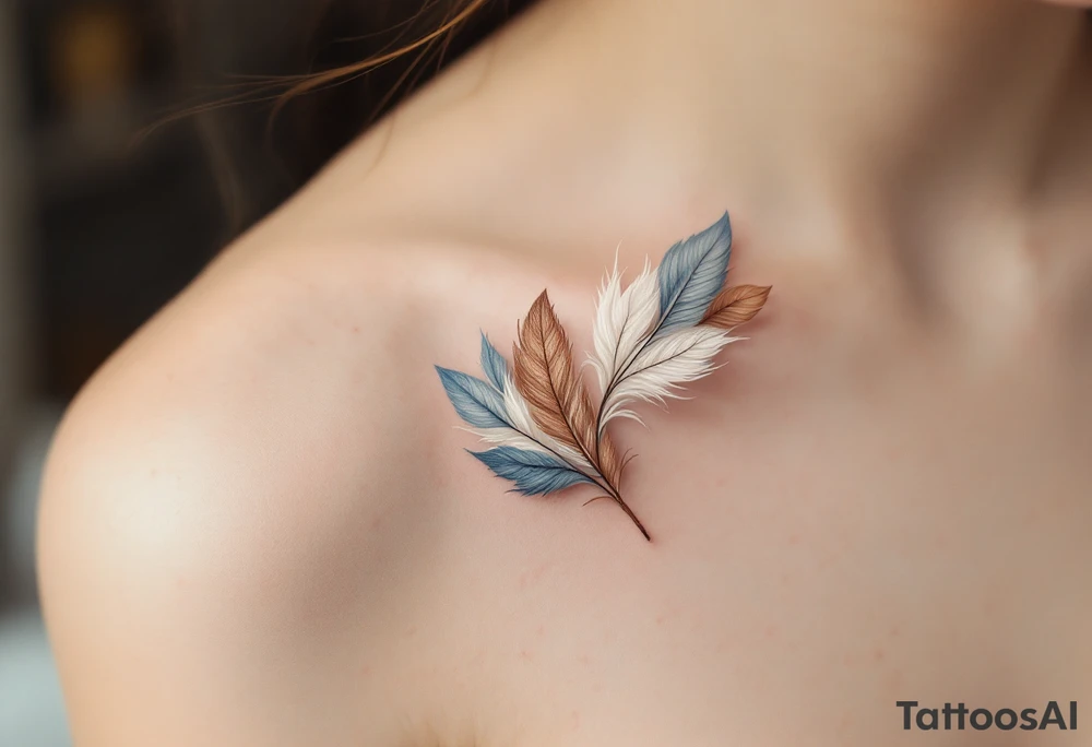A soft, airy D made from layered feathers in white, soft brown, and dusty blue tones. tattoo idea