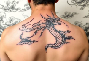 fierce dragon breathing iridescent fire against stormy skies tattoo idea