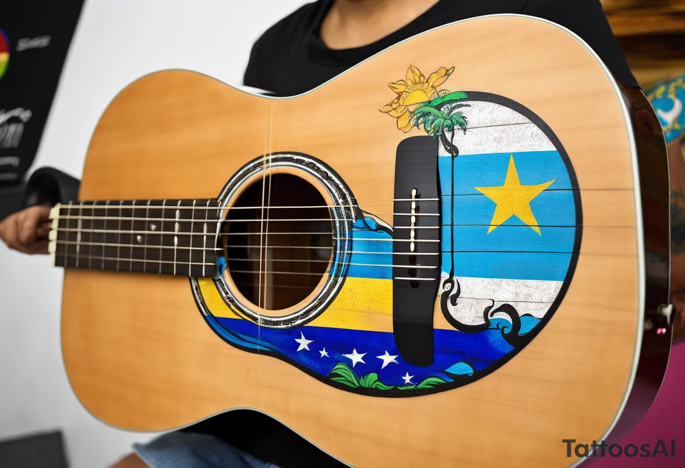 acoustic guitar with cut diagonally with one side with the flag of curacao, the other with some raggae colors. on the outside of the guitar, the side with the curacao flag to adorned with some beach or sea creature theme, like a sea turtle. The side with the raggae to have some music notes flowing out tattoo idea