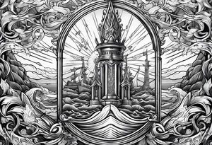 Poseidon’s Trident with Atlantis backdrop tattoo idea