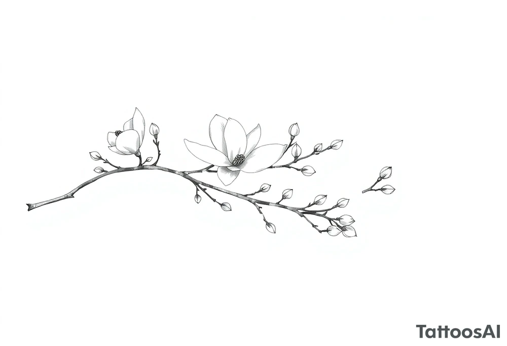 Graceful long magnolia branch with small closed flowers with accurate realistic botanical details, ukrainian sighns inside tattoo idea