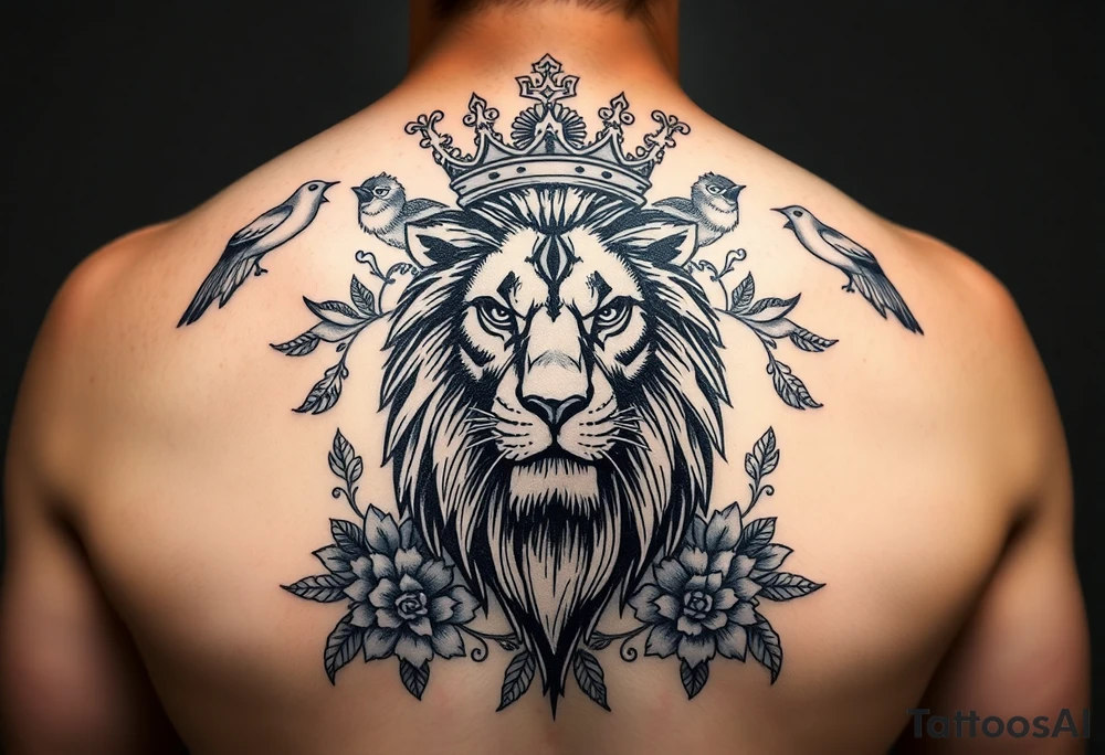 powerful majestic lion with a crown, surrounded by floral ornaments and birds tattoo idea