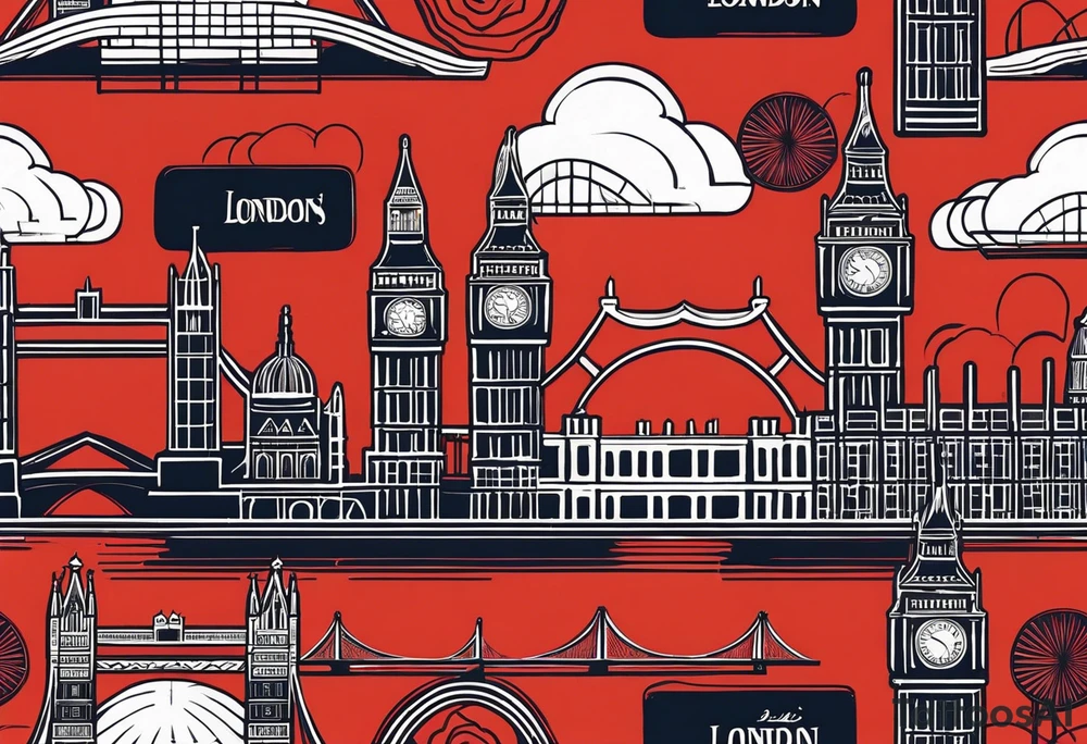 A minimalistic, abstract design capturing the architectural essence and vibe of London. Key elements of London’s skyline and structure are hinted at with clean lines, and subtle detailing includes personal touches, like a nod to Feid’s signature look (hat, glasses, mustache), integrated discreetly to honor a memorable concert experience. tattoo idea