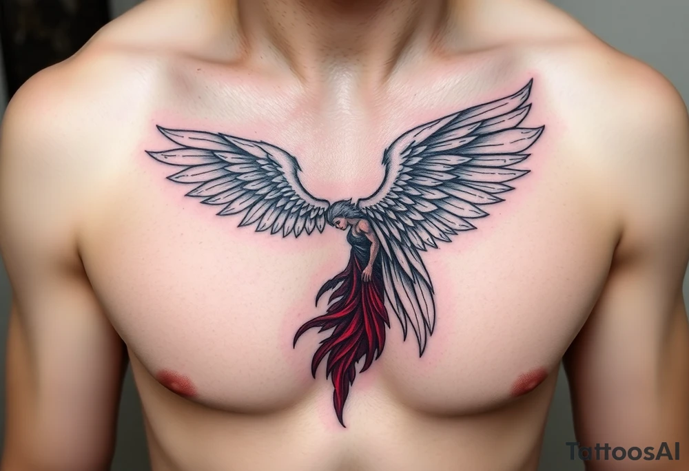 Angel black and red on left chest male tattoo idea