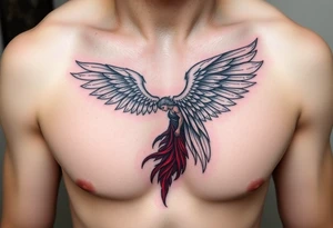 Angel black and red on left chest male tattoo idea