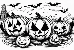 evil jack-o-lanterns on human heads with bats in caves and penny wise in the background cemetary payground tattoo idea