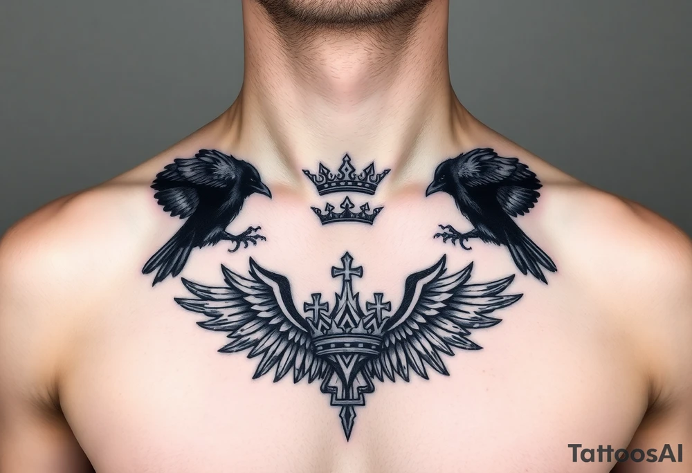 Chest tattoo, two ravens and icelandic symbols, dark brest tattoo, crown betwen ravens tattoo idea
