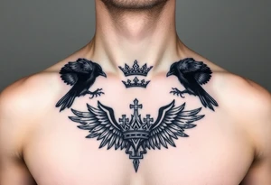 Chest tattoo, two ravens and icelandic symbols, dark brest tattoo, crown betwen ravens tattoo idea