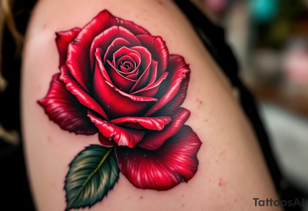 A vibrant red rose with dewdrops, the petals curling with realistic depth in deep crimson and dark green leaves. tattoo idea