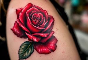 A vibrant red rose with dewdrops, the petals curling with realistic depth in deep crimson and dark green leaves. tattoo idea