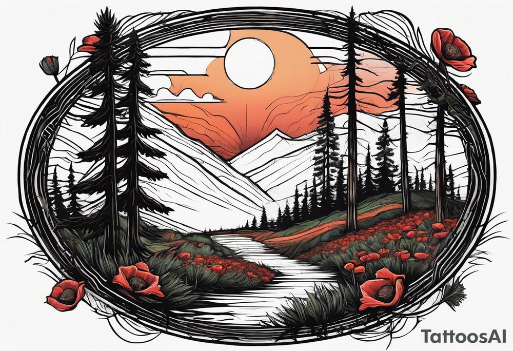 Forest of pine trees with a single stump in the foreground showing its rings and next to it a single poppy growing out of the ground tattoo idea