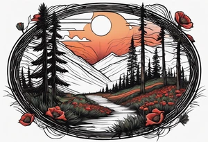 Forest of pine trees with a single stump in the foreground showing its rings and next to it a single poppy growing out of the ground tattoo idea