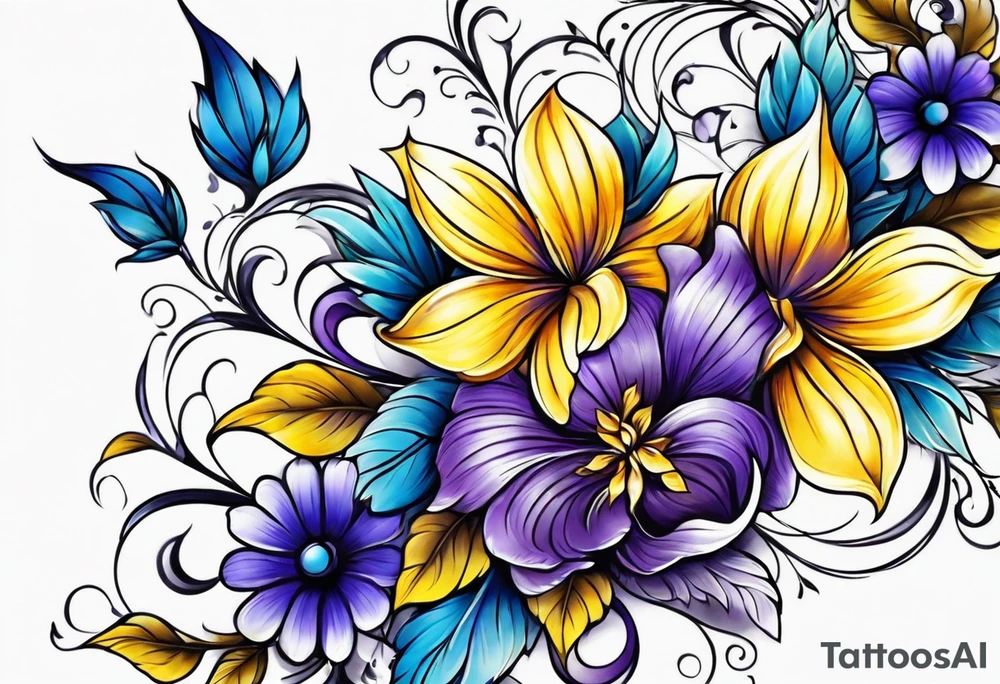 Blue yellow and purple flowers arm sleeve tattoo idea