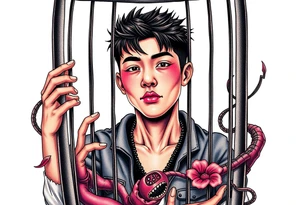 Handsome Asian young guy in evils cage tattoo idea