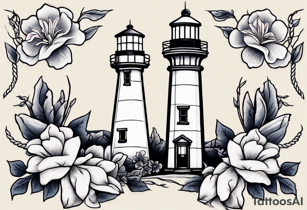 American traditional tattoo of a light house bordered by magnolia flowers and rope. Behind the light house is a periwinkle blue cancer ribbon tattoo idea