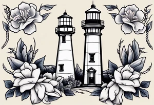 American traditional tattoo of a light house bordered by magnolia flowers and rope. Behind the light house is a periwinkle blue cancer ribbon tattoo idea