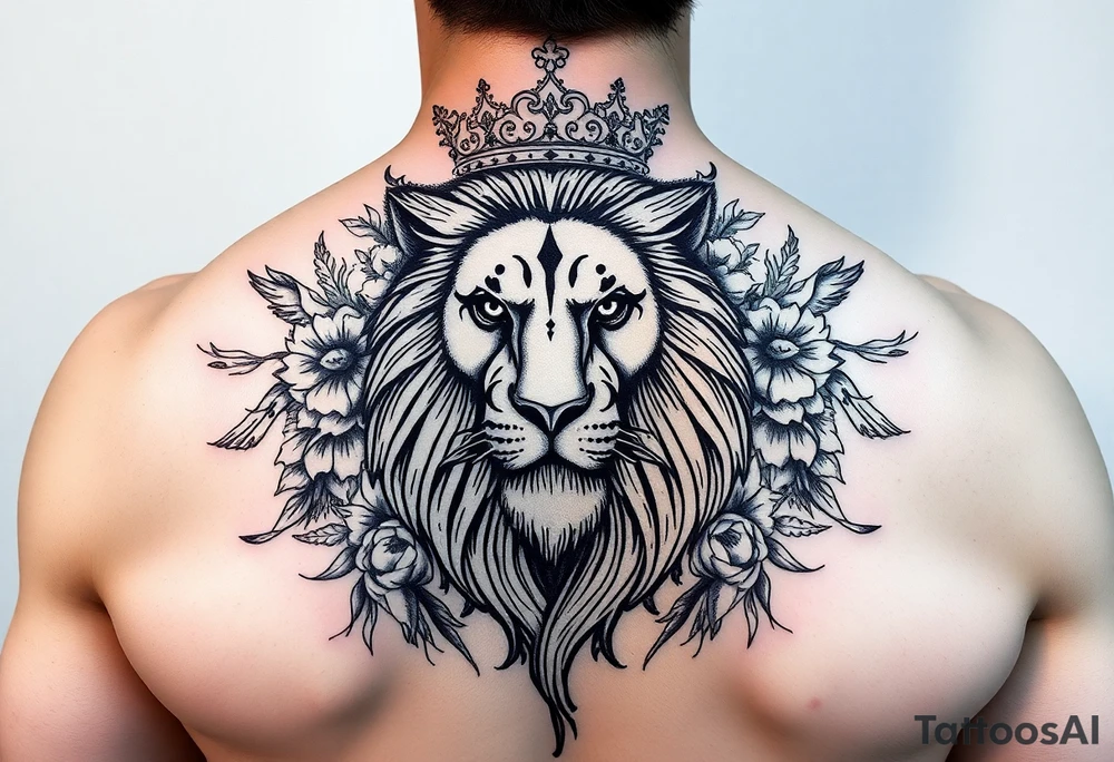 powerful majestic lion with a crown, surrounded by floral ornaments and birds tattoo idea