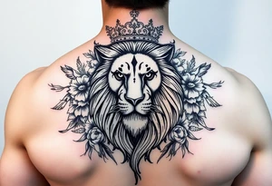 powerful majestic lion with a crown, surrounded by floral ornaments and birds tattoo idea