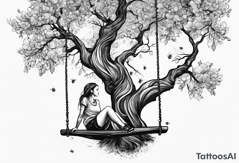 Honeybee. Wollow tree. Girl on a swing. tattoo idea