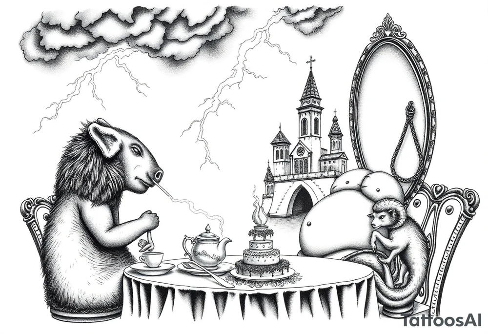 Naked Man having sex Storm lightening clouds gothic sexy naked fat lady having a tea party with tea pot and medieval castle
with a pig, peacock, noose, lion, goat, smoking cigerettes looking in the mirror eating a cake thru storm clouds with razor blades and broken hearts and darkness and wrath, envy , gluttony, greed, sloth, pride kill tattoo idea