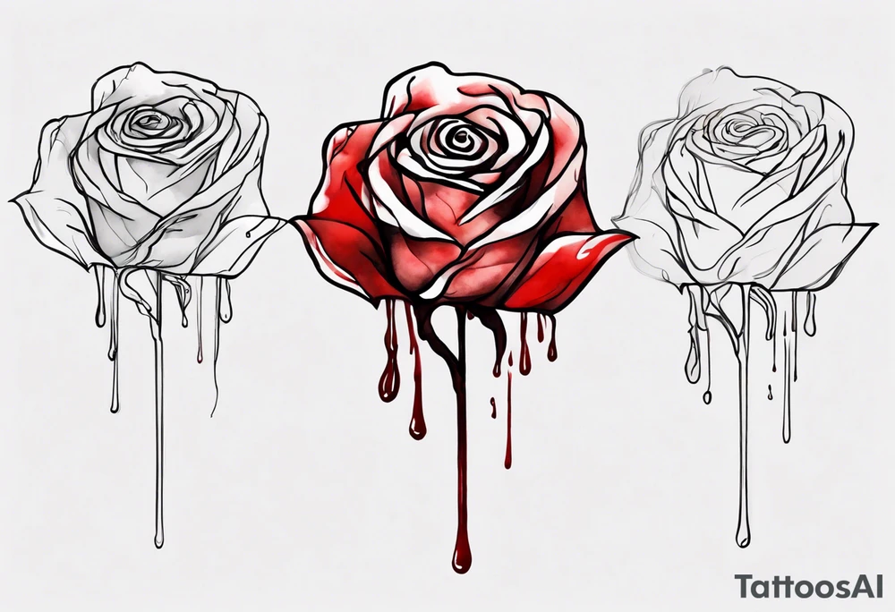 rose flower, one line, red blood dripping from the flower, tall, watercolor, with a T placed in the bottom half tattoo idea
