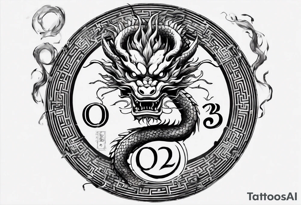 Chinese dragon in a circular shape with "02.03" written on its skin tattoo idea