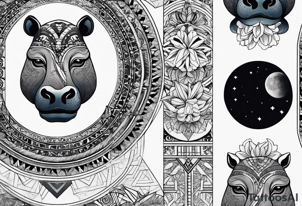 Very asymmetrical, +geometric pattern, with realistic full moon, with hippo,+tribal, +geometric, +inkart , +blackwork, +grey scale, + sketch
with wintersweet flower bud, +for men, detailed layering , combined favourite , tattoo idea