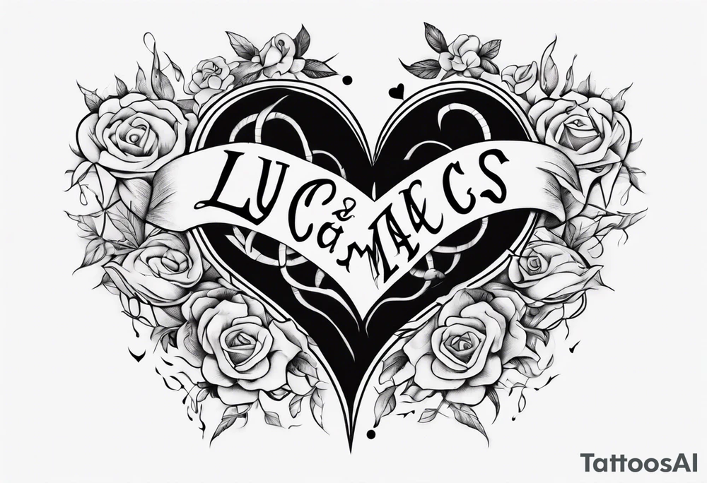 A black heart with the words Lucas and Margaret tattoo idea