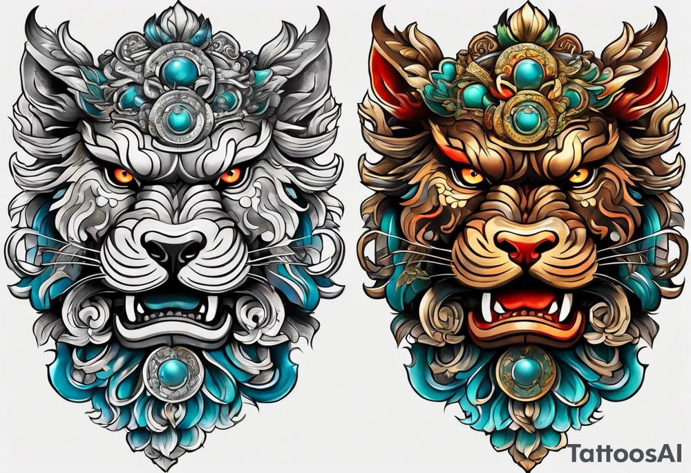Two full body, Okinawa shisa facing inward tattoo idea