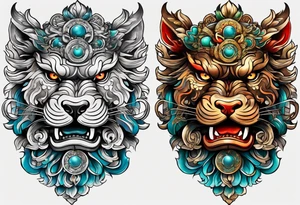 Two full body, Okinawa shisa facing inward tattoo idea
