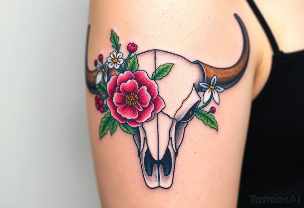 Buffalo or bison skull with flowers. Peony, snowdrop, holly with berries, larkspur, peony. Colour. For upper arm or shoulder. Masculin. tattoo idea