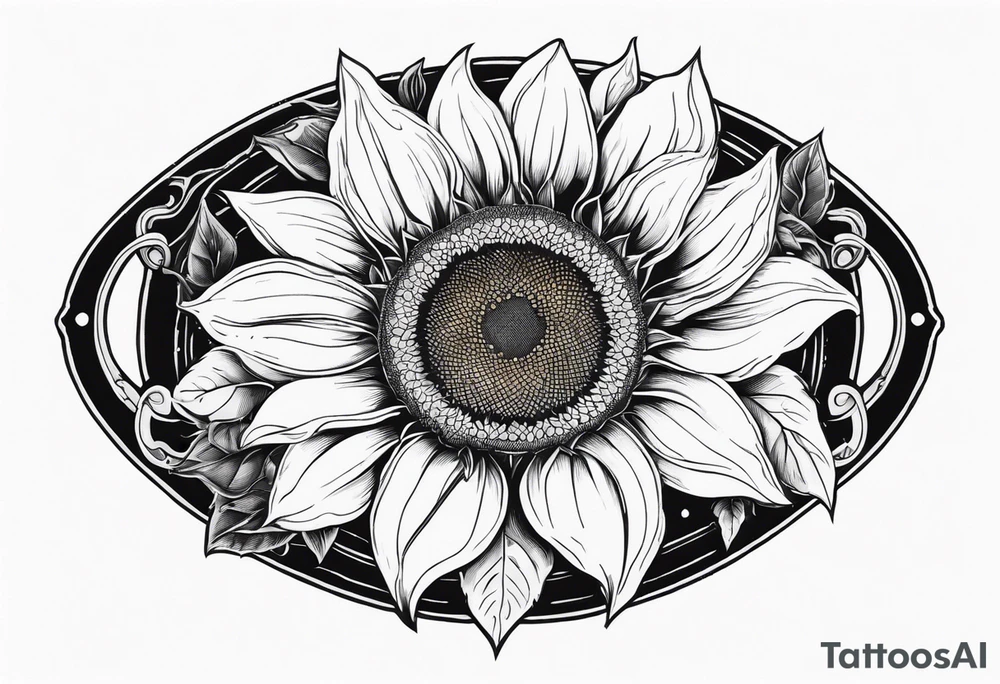 A steel horseshoe with a sunflower in the center tattoo idea