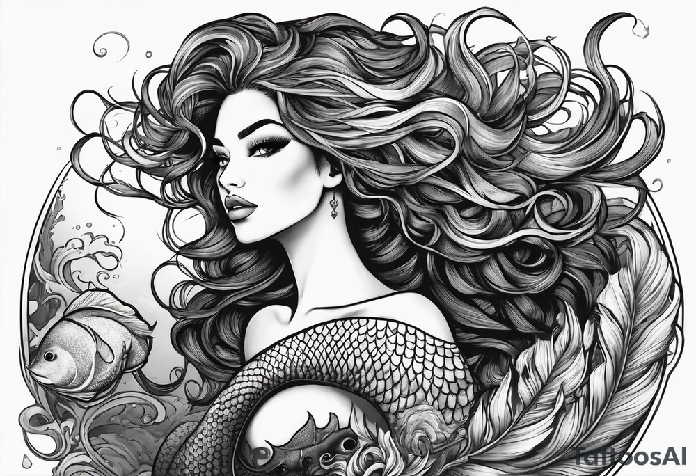 A Black mermaid with dread hairs going up in the air, with a shell bra and a nice long fish tail tattoo idea