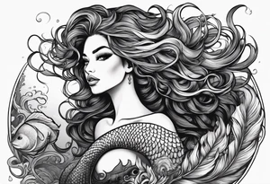 A Black mermaid with dread hairs going up in the air, with a shell bra and a nice long fish tail tattoo idea
