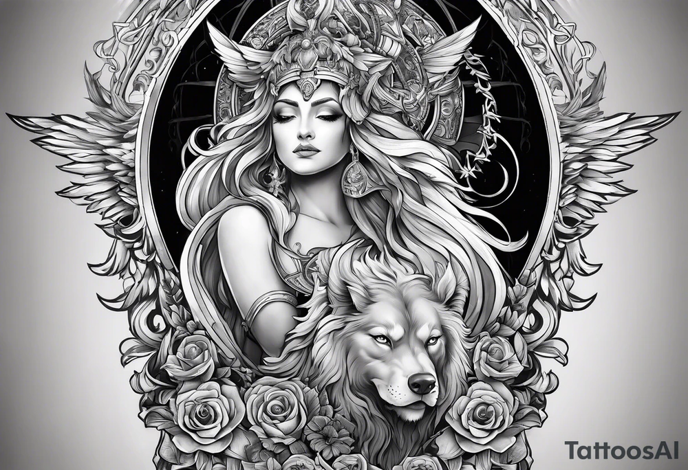 Tatuaje de columna con diseño de Hekate y cerberus tattoo idea