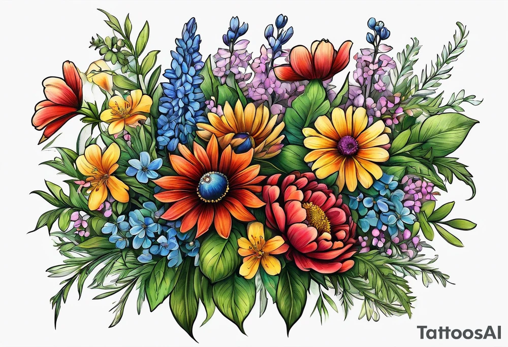 saturated mixed wildflower bouquet with greenery and detailed with color tattoo idea